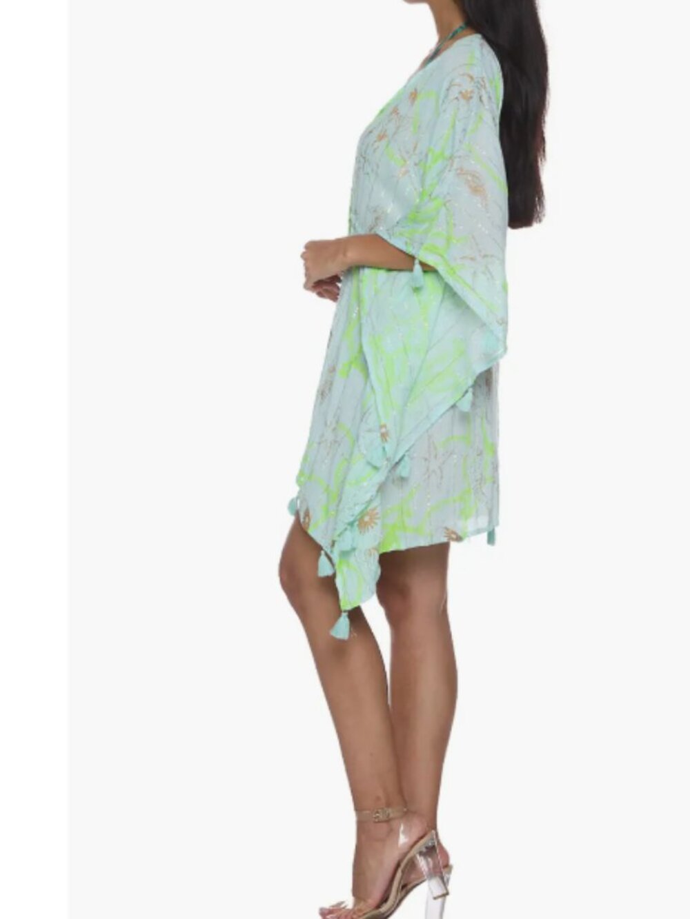 TROPICAL GLAMOUR | RANEES Printed Cover-Up Robe - Green & Blue S/M - Picture 2 of 10